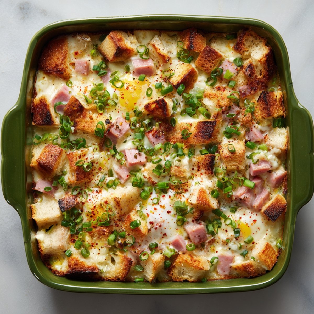 Overhead view of a fully baked eggs Benedict casserole with golden brown bread cubes, diced ham, and chopped green onions in a green dish.