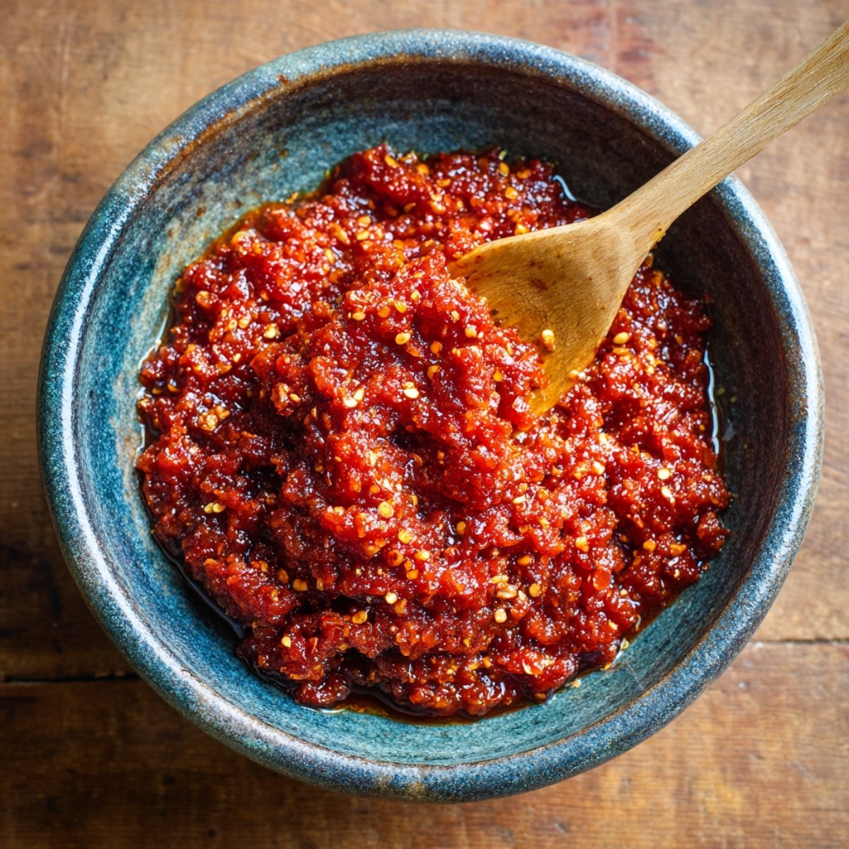 Bowl of thick, deep red gochugaru chili paste with visible chili seeds, stirred with a wooden spoon, sitting on a rustic wooden surface.