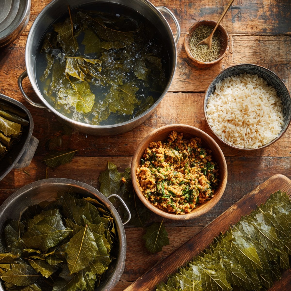 Overhead shot of a Mediterranean prep scene with bowls of blanched grape leaves, par-cooked rice, and a mixed herb filling on a rustic wooden table. A pot with soaking grape leaves is in the center.
