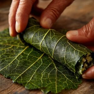 Close-up of hands gently rolling a grape leaf around a rice filling on a wooden surface. The leaf is positioned vein-side up, showing detailed texture and precision in technique.