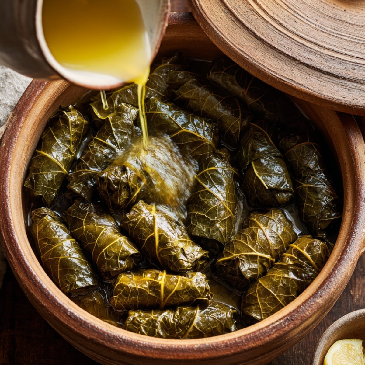 Overhead view of tightly packed grape leaf rolls in a clay pot, with lemon-olive oil mixture being poured over them before cooking. A rustic wooden lid and lemon wedges sit beside the pot.