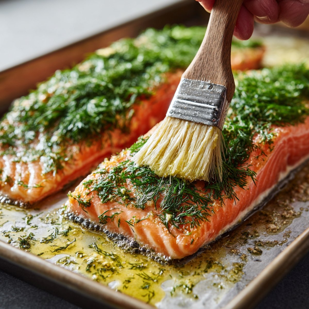 A hand using a brush to coat raw salmon fillets with fresh dill and herb-infused oil on a baking sheet.