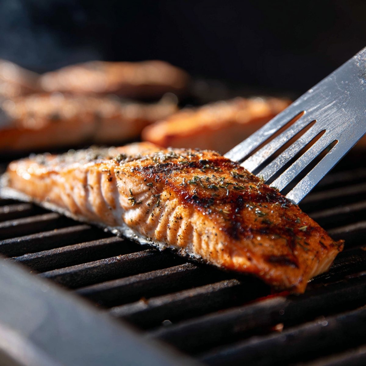 A salmon fillet being grilled over open flames, lifted slightly with a spatula, showing grill marks and seasoning.