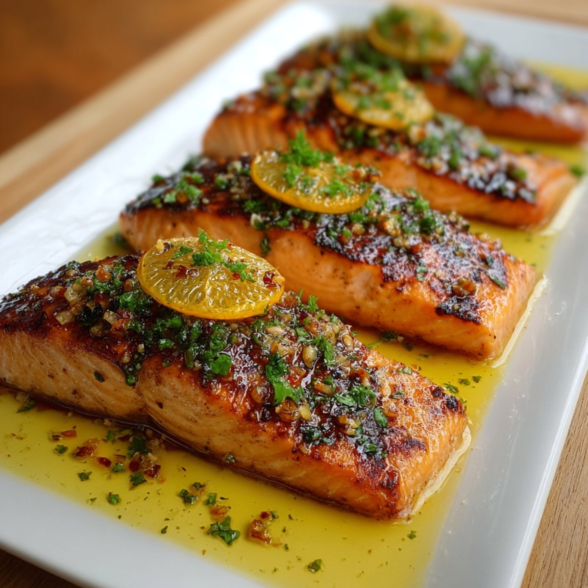 Four grilled salmon fillets arranged on a white rectangular plate, topped with orange slices, chopped herbs, and a flavorful garlic-herb sauce drizzled over.