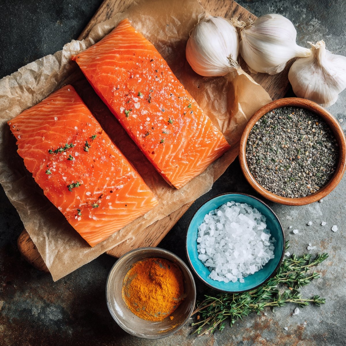 Three raw salmon fillets seasoned with salt and pepper on parchment paper, surrounded by bowls of coarse salt, herbs, and olive oil.