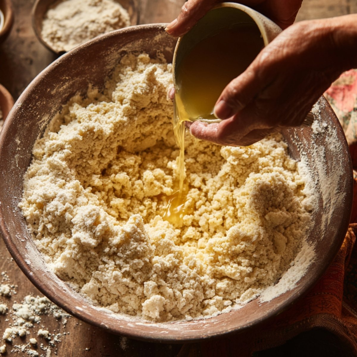 Hands pouring ghee into a bowl of flour mixture while preparing dough, with small bowls of ingredients around on a wooden surface.