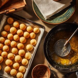 A tray of uncooked dough balls ready for frying next to a pan of hot oil with a skimmer, paper towels, and rustic kitchenware on the countertop.
