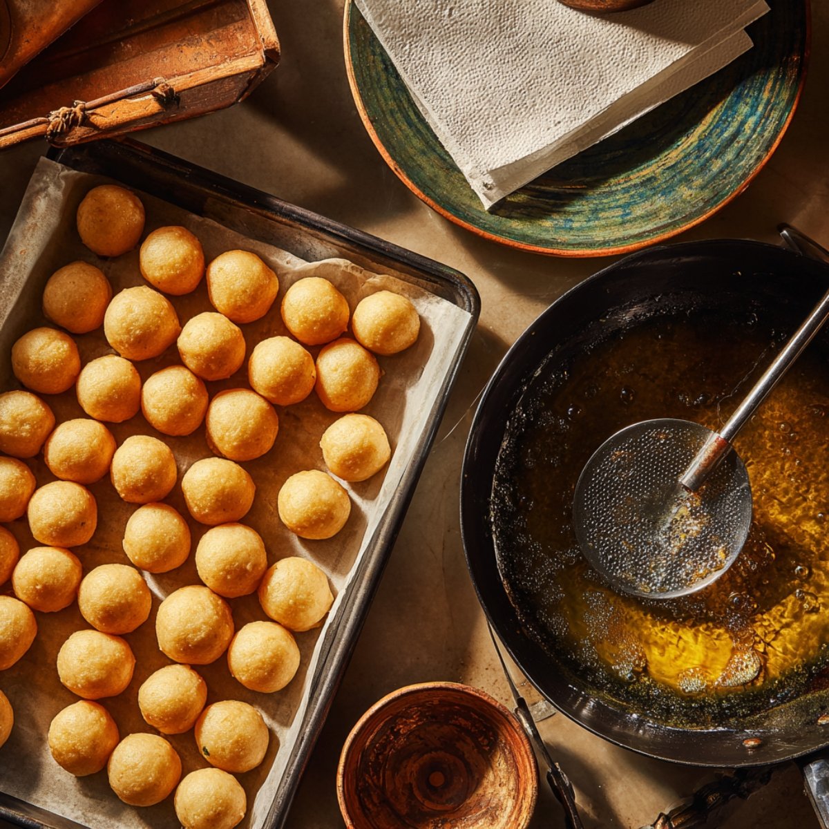 A tray of uncooked dough balls ready for frying next to a pan of hot oil with a skimmer, paper towels, and rustic kitchenware on the countertop.