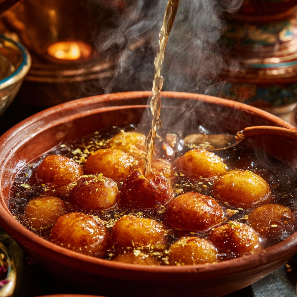 A clay bowl filled with golden gulab jamuns, being soaked in hot, steaming sugar syrup, surrounded by warm-toned traditional metal bowls in the background.