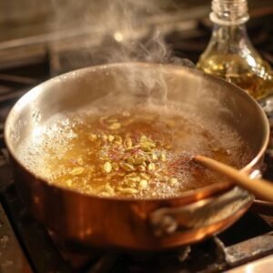 A copper saucepan on a stovetop filled with boiling sugar syrup, infused with cardamom pods and saffron strands, releasing steam as it simmers.