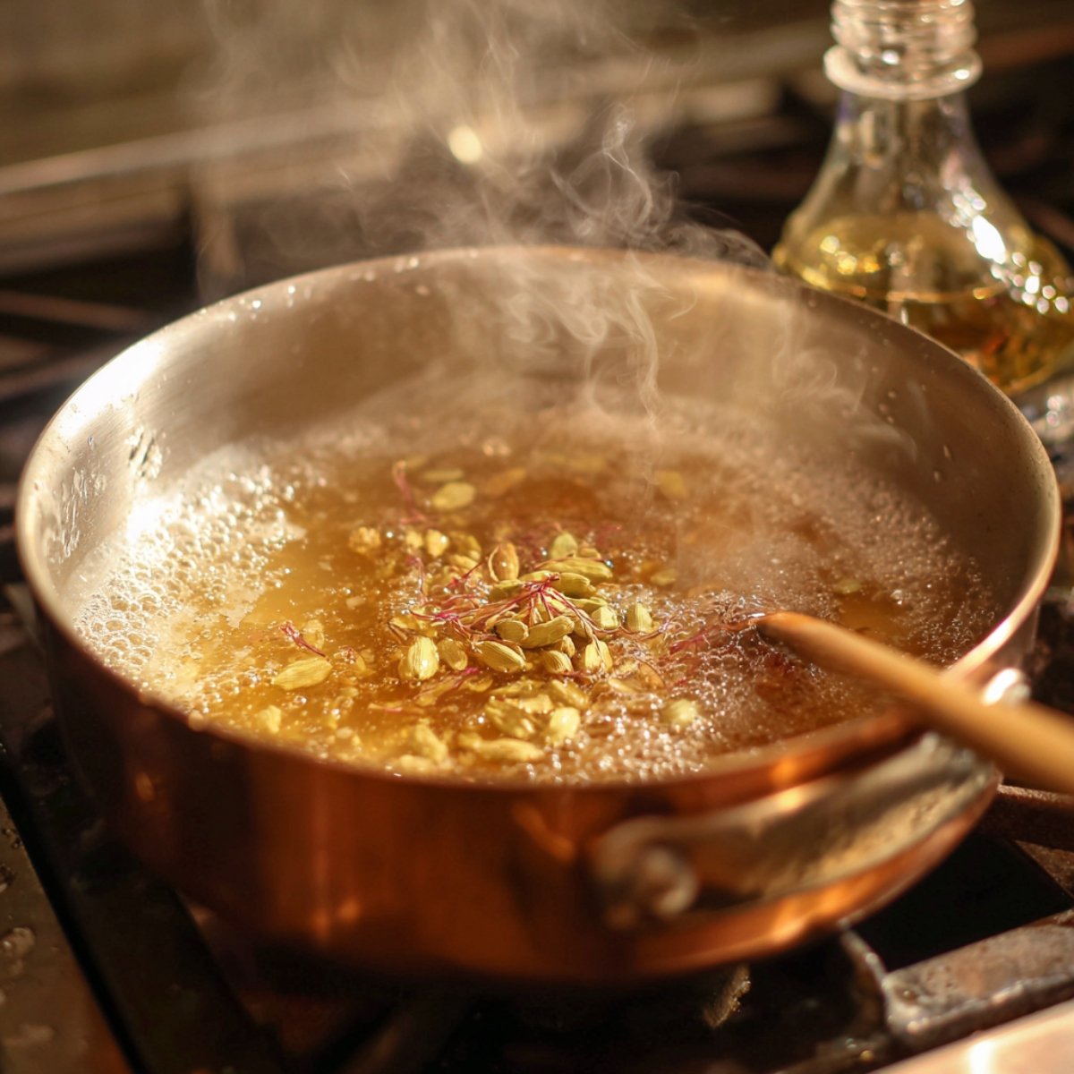A copper saucepan on a stovetop filled with boiling sugar syrup, infused with cardamom pods and saffron strands, releasing steam as it simmers.