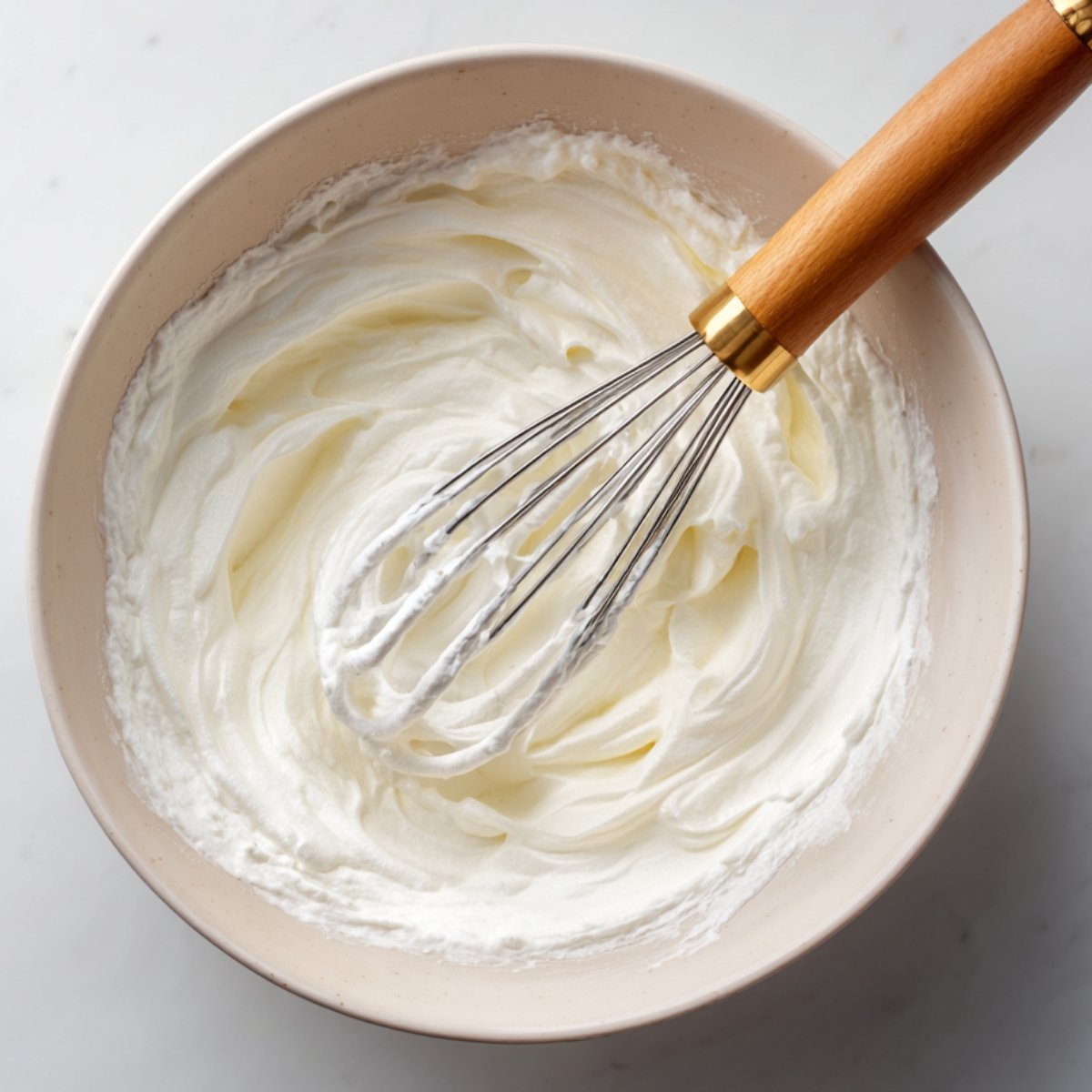 Bol de crème fouettée maison aérienne avec un fouet à main en bois doré posé à l’intérieur.