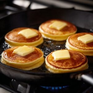 Cinq pancakes japonais épais en train de cuire dans une poêle noire, chacun garni d’une noisette de beurre fondant.