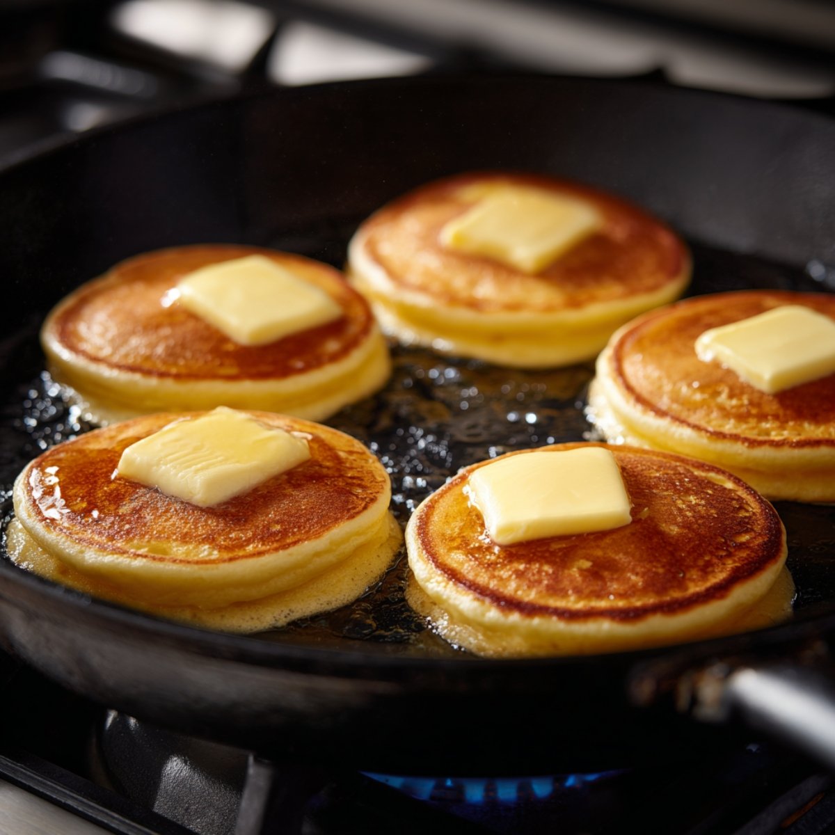 Cinq pancakes japonais épais en train de cuire dans une poêle noire, chacun garni d’une noisette de beurre fondant.