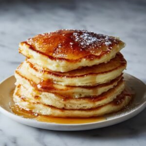 Empilement de pancakes japonais bien dorés, servis avec du sirop d’érable et saupoudrés de sucre glace sur une assiette.