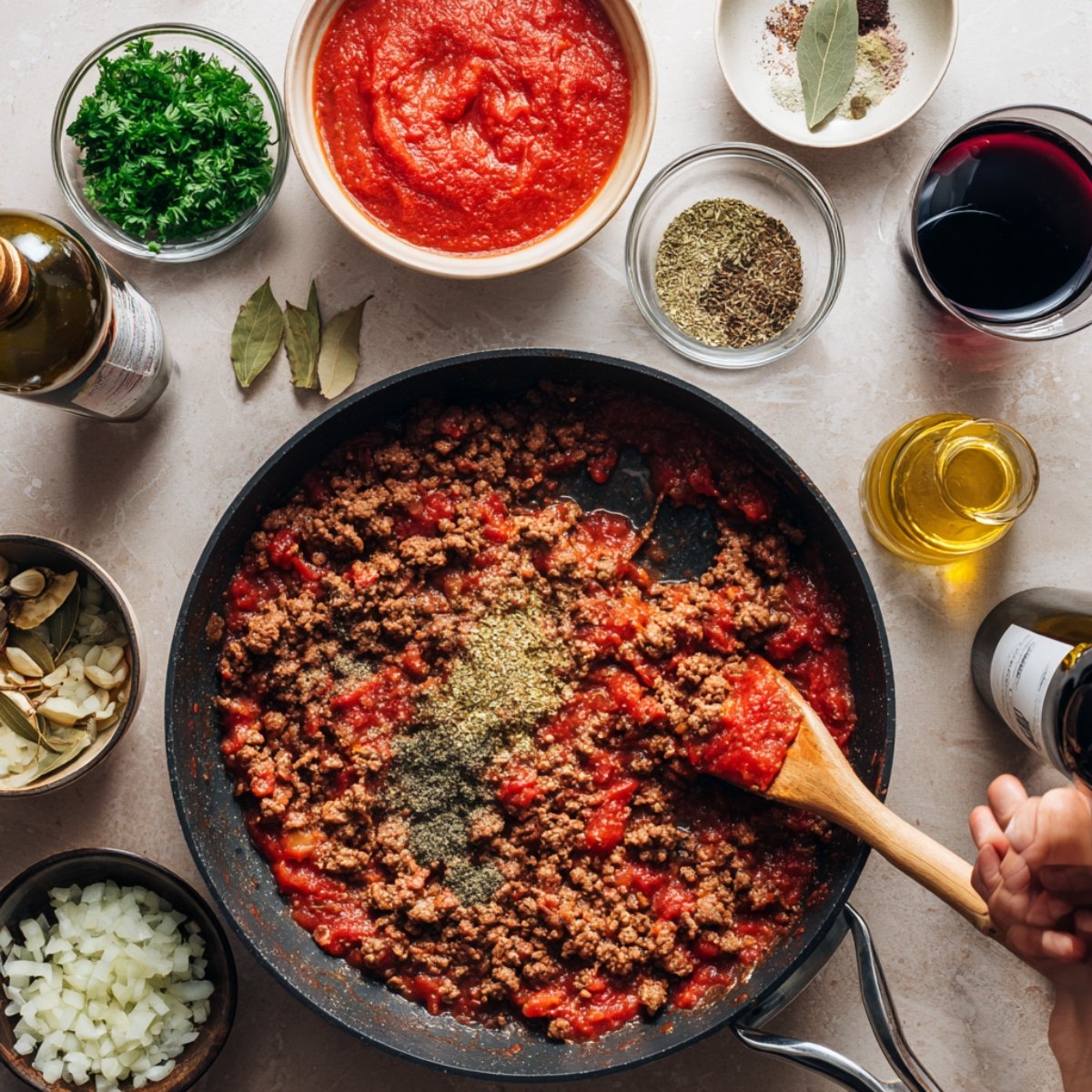 Large skillet filled with rich, simmering meat sauce made from browned ground lamb, onions, garlic, tomato paste, and crushed tomatoes, with fresh herbs and spices added. A spoon is stirring in fresh parsley to finish.