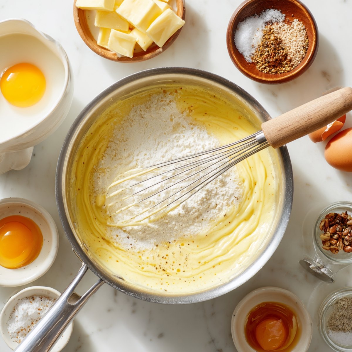 A saucepan on the stove with béchamel sauce being prepared—melted butter whisked with flour, milk being gradually added, and the mixture thickening. Cheese and egg yolks are about to be stirred in, with nutmeg, salt, and pepper for seasoning.