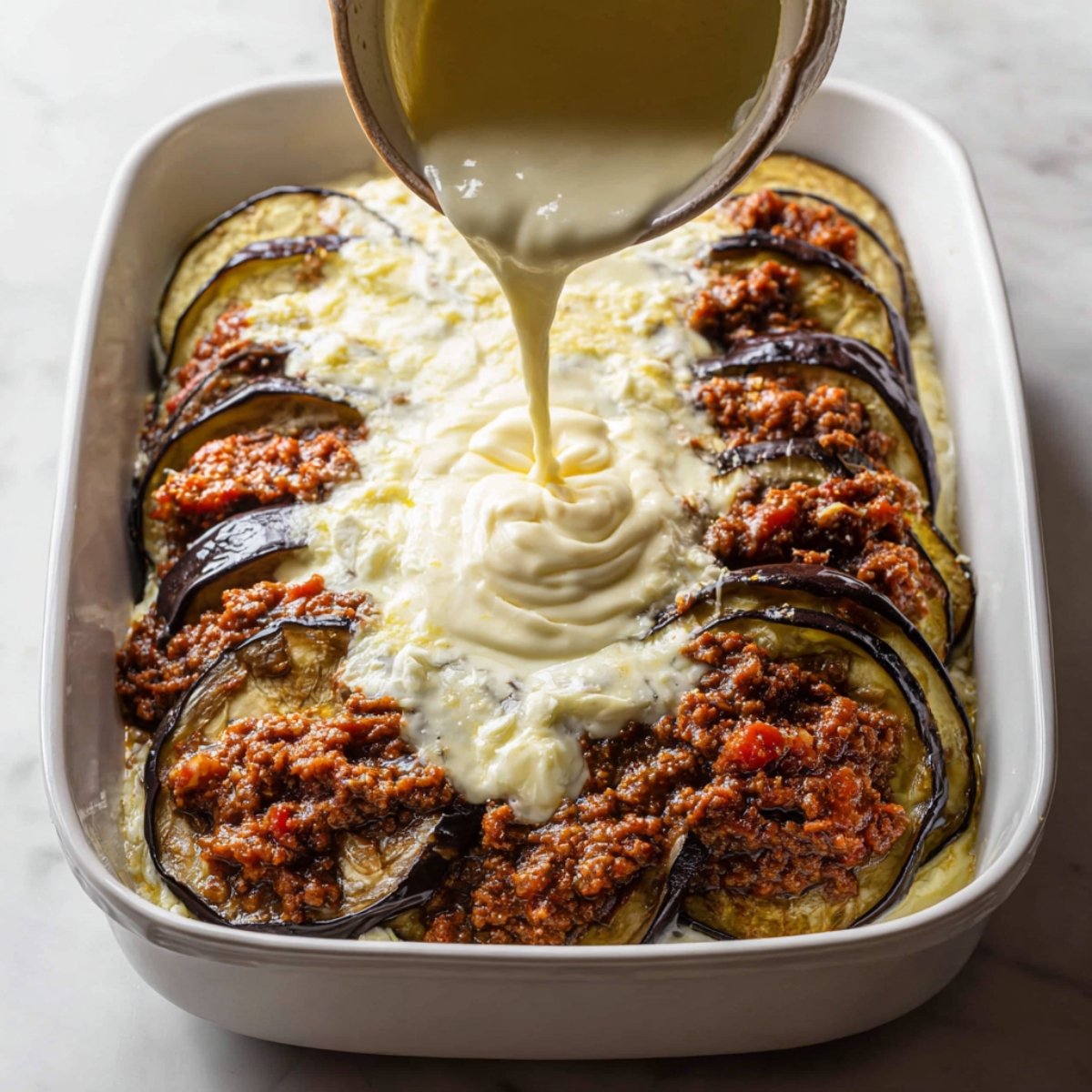 Casserole dish with layers of roasted eggplant, hearty meat sauce, and creamy béchamel being poured on top. The assembled dish is ready to bake in the oven until golden and bubbling.
