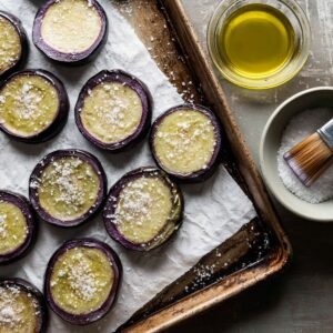 Sliced eggplant rounds laid out on paper towels, salted to remove moisture. Some slices are brushed with olive oil and arranged on a baking sheet, ready to roast in the oven until golden and tender.