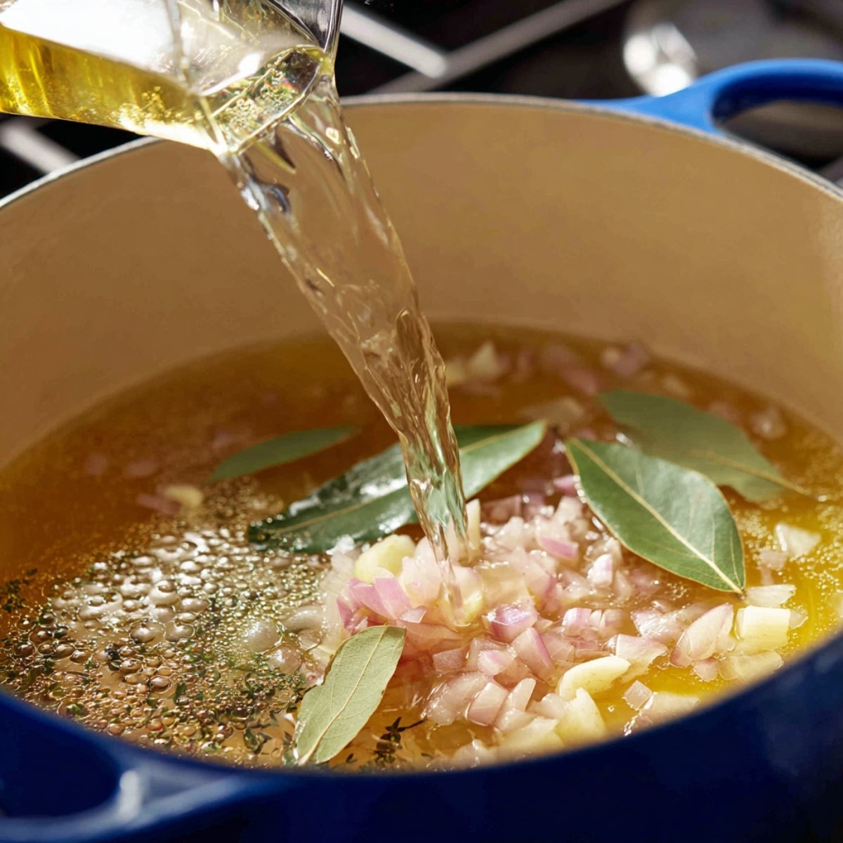 White wine being poured into a pot with chopped shallots, bay leaves, and herbs to make the sauce base.