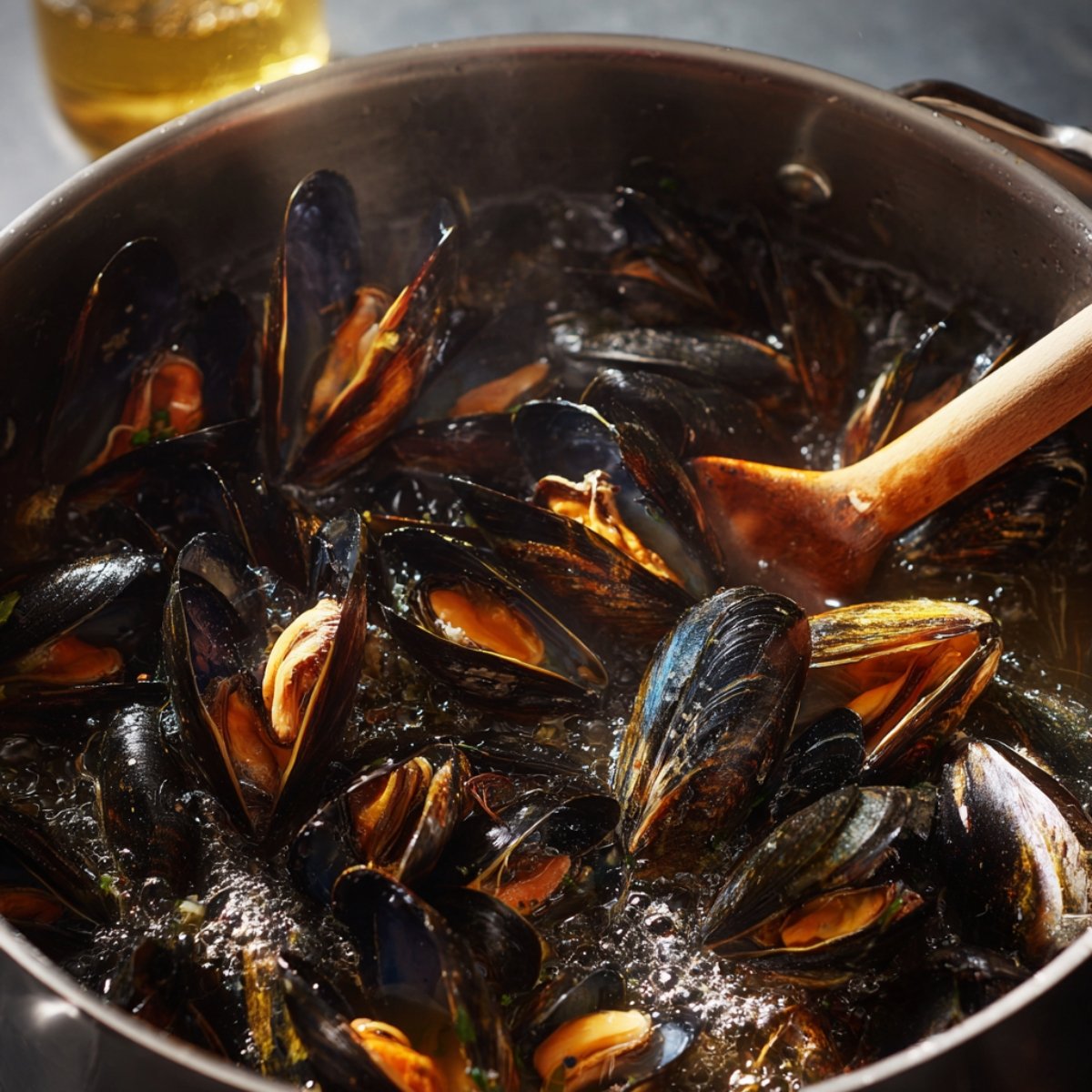 A pot of mussels steaming in white wine sauce, with a wooden spoon stirring them as they cook.