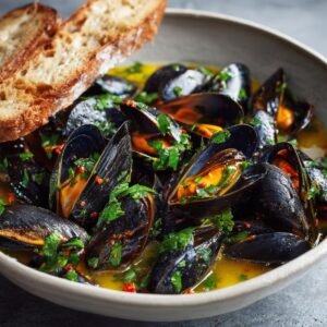 A shallow white bowl filled with mussels in white wine sauce, garnished with fresh parsley and red pepper flakes, served with a slice of crusty bread.
