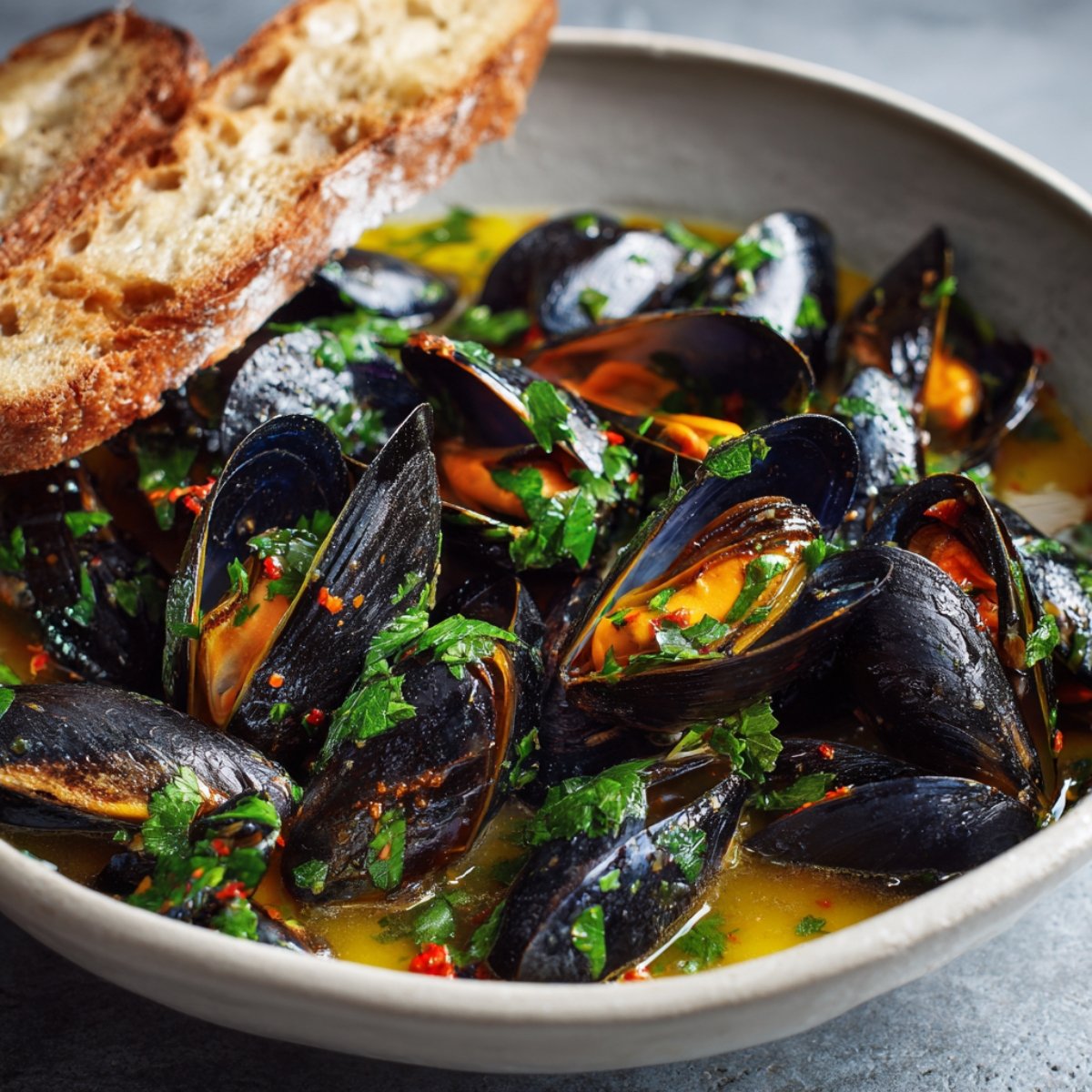 A shallow white bowl filled with mussels in white wine sauce, garnished with fresh parsley and red pepper flakes, served with a slice of crusty bread.