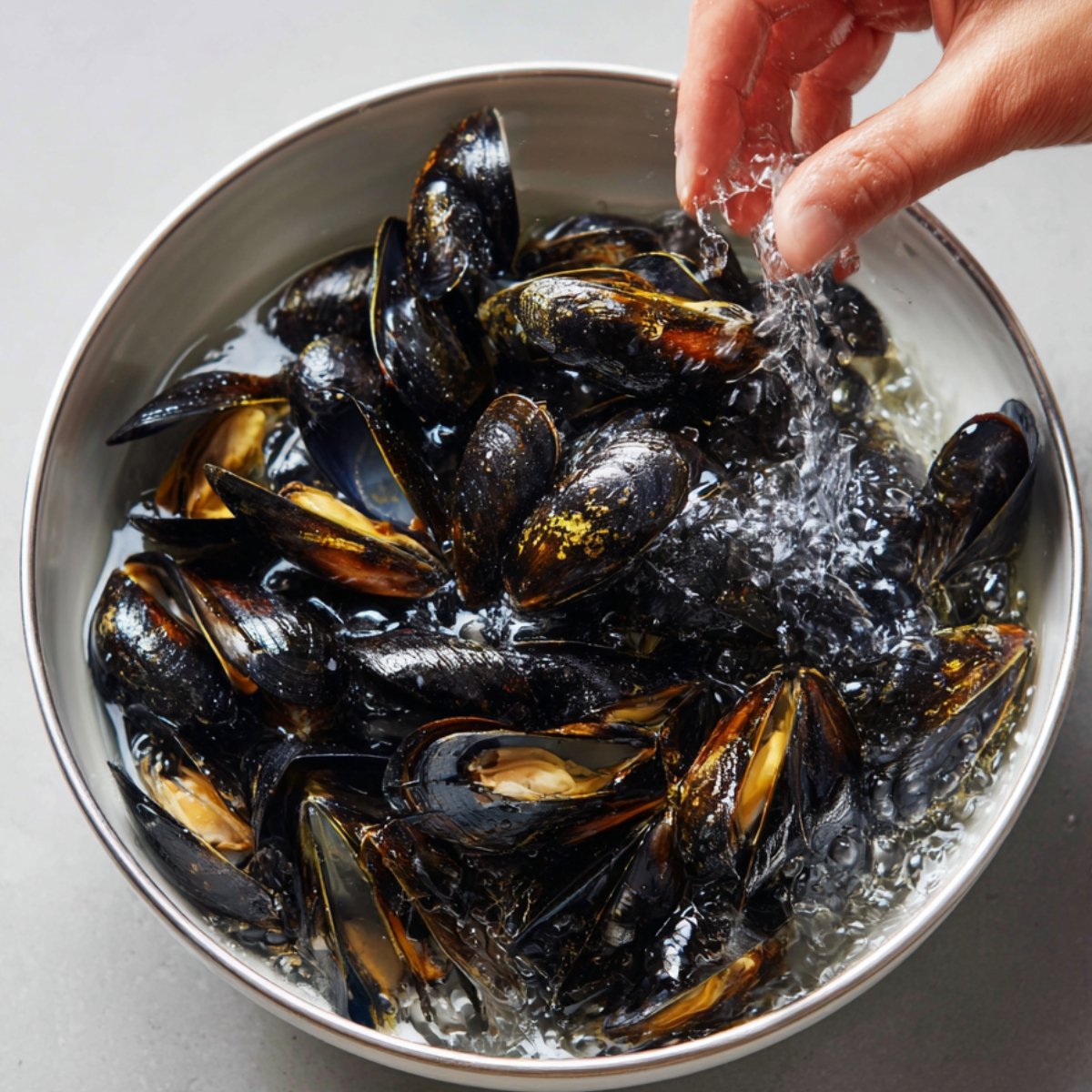 Fresh mussels being rinsed in a bowl of cold water, with a hand sprinkling water over them.