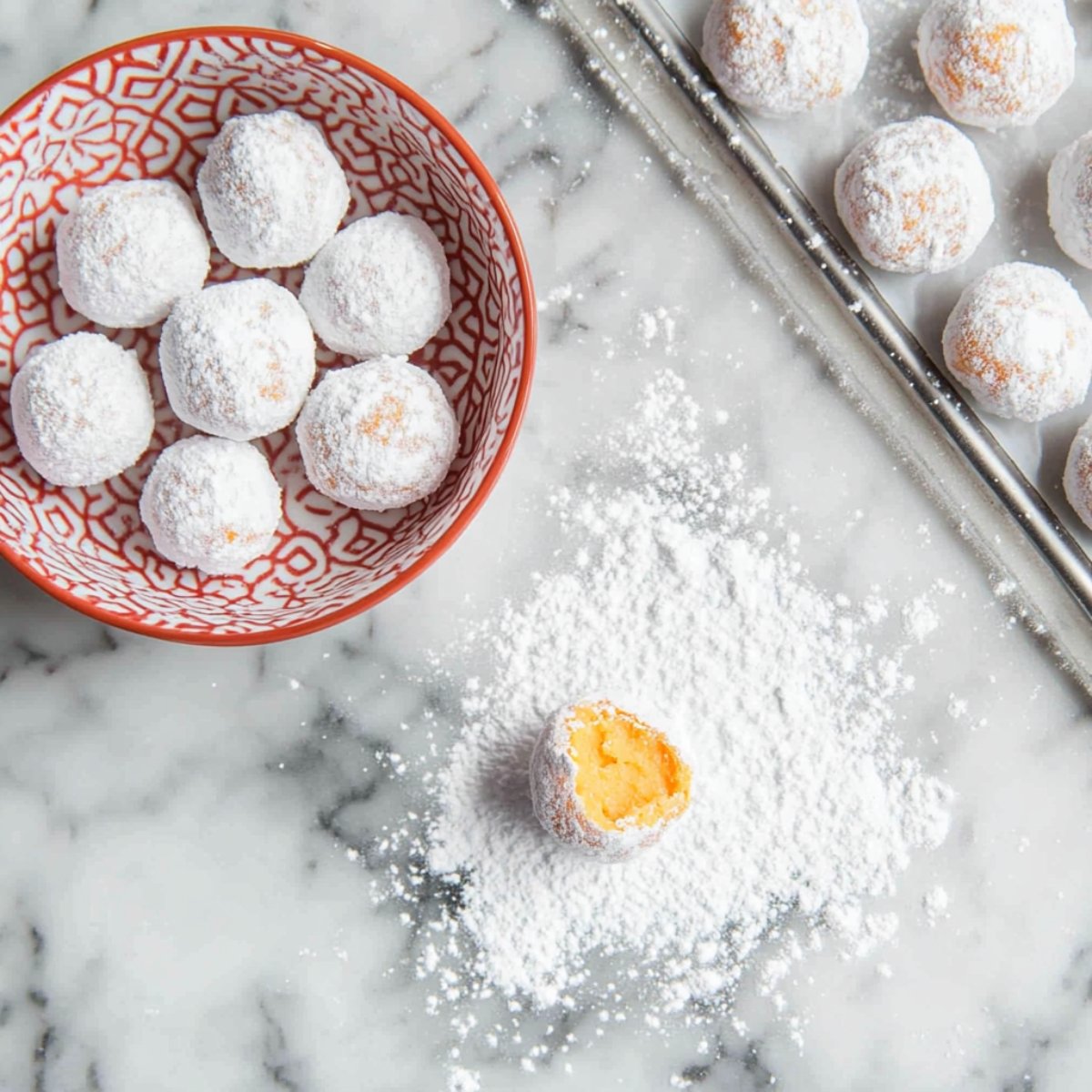 Bowl of orange creamsicle truffles coated in powdered sugar on a marble countertop, with one truffle bitten to reveal the creamy orange center, surrounded by scattered powdered sugar.