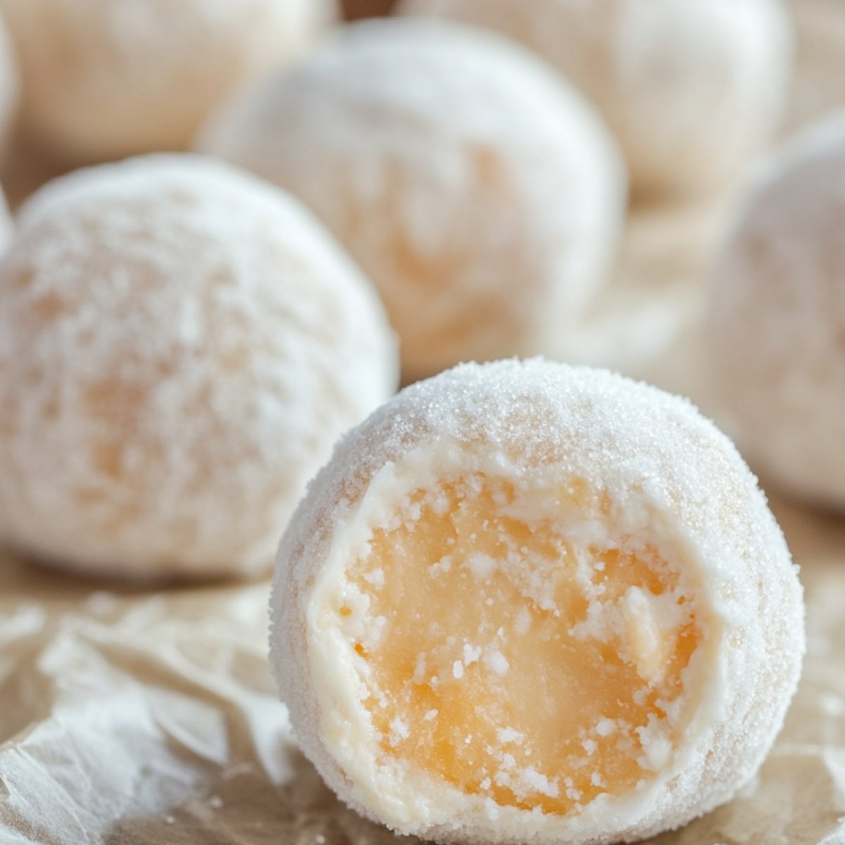 Close-up of an orange creamsicle truffle with a bite taken out, revealing a soft creamy center, with more truffles blurred in the background on crinkled parchment paper.