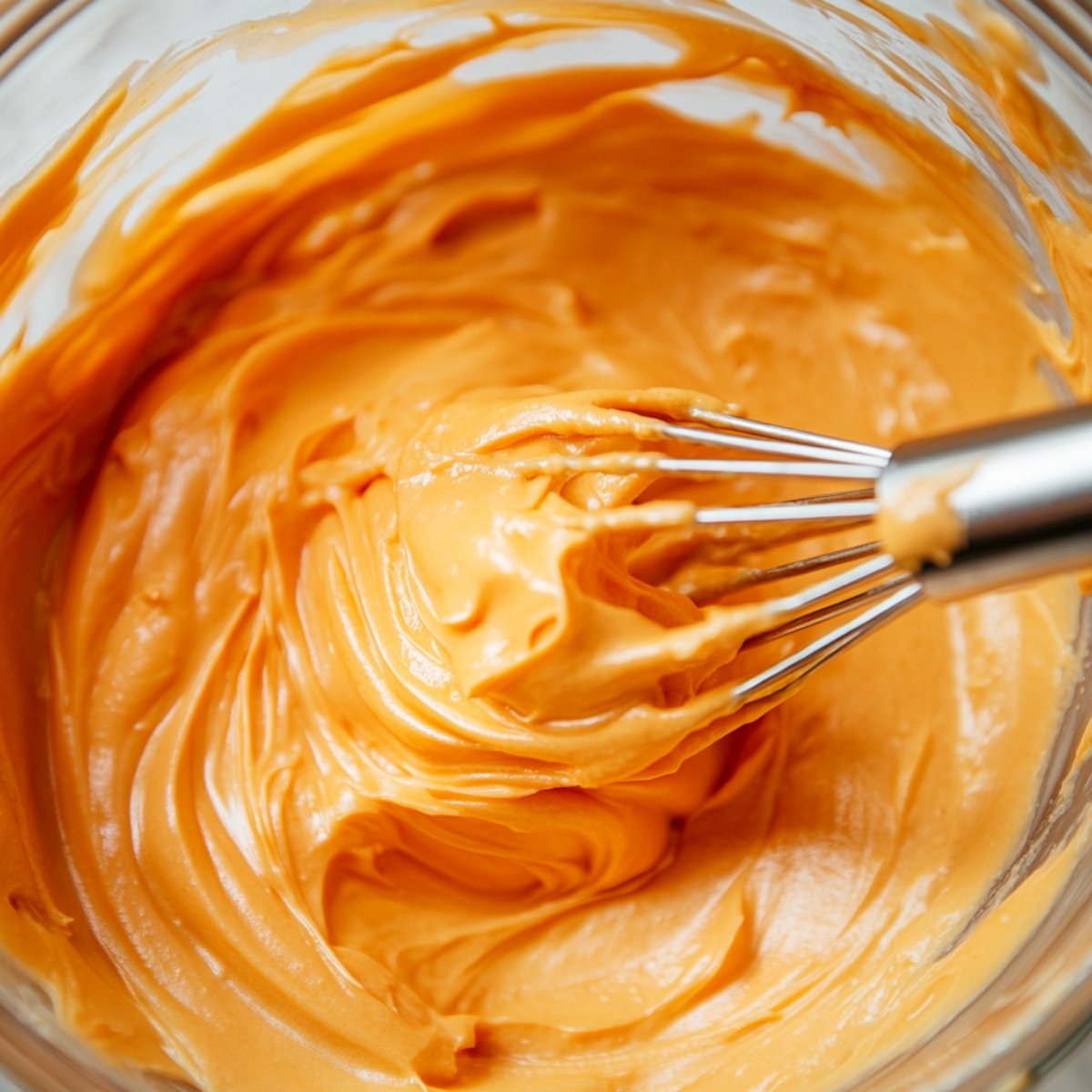 Whisk mixing smooth, thick orange creamsicle filling in a glass bowl, with a glossy texture and vibrant orange color.