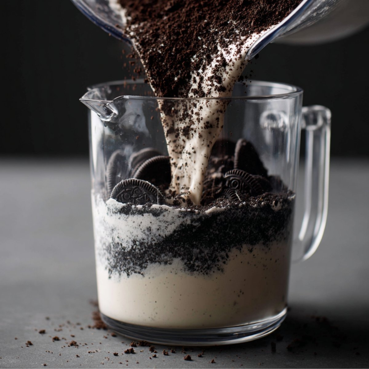Thick Oreo milkshake being poured from a blender into a clear glass container layered with crushed Oreos and whole cookies, showing a dramatic swirl and rich texture.