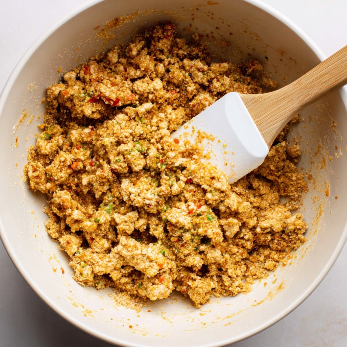 Chicken meat mixture with breadcrumbs and diced vegetables being mixed in a bowl with a white spatula.
