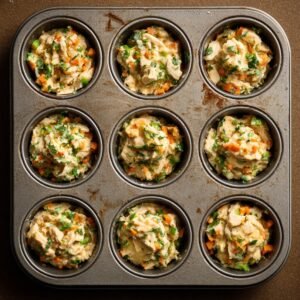 Uncooked mini chicken meatloaves with chopped vegetables packed into a muffin tin, ready to be baked.