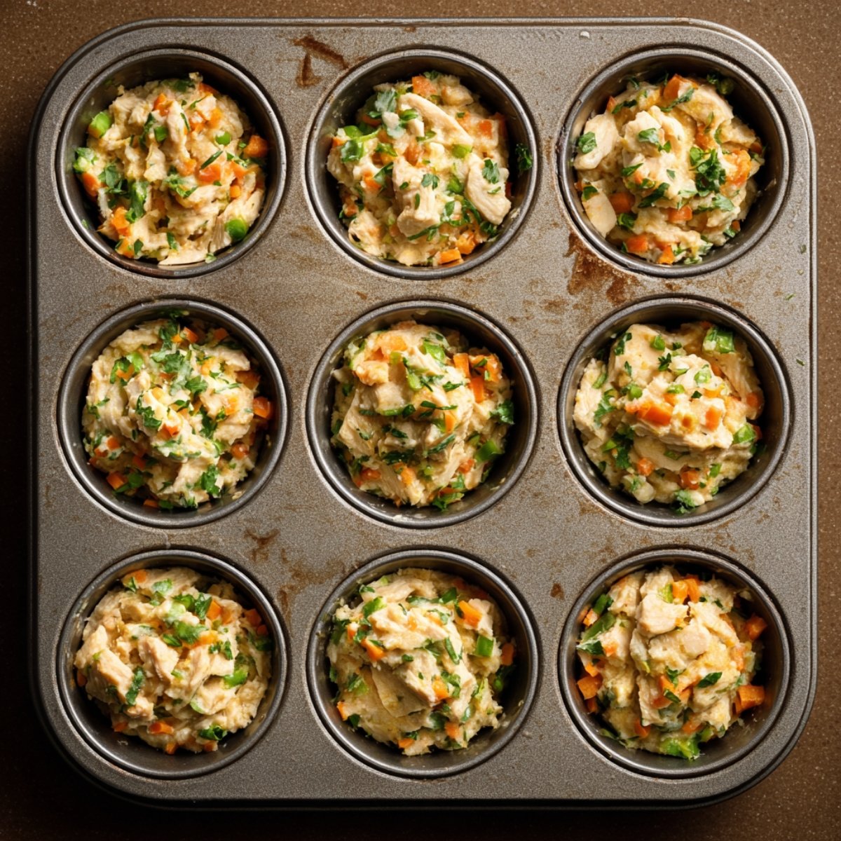 Uncooked mini chicken meatloaves with chopped vegetables packed into a muffin tin, ready to be baked.
