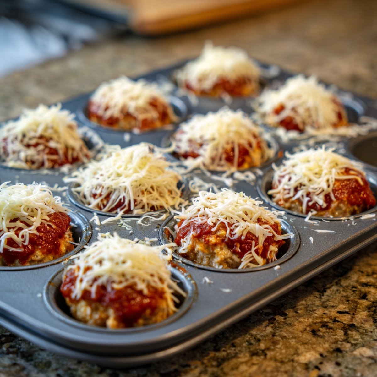 Baked mini chicken parmesan meatloaves in a muffin tin, topped with tomato sauce and shredded mozzarella cheese.
