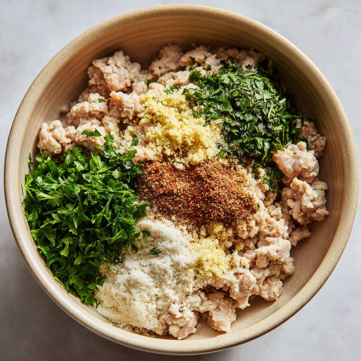 Raw ground chicken in a bowl topped with fresh chopped herbs, grated parmesan, and seasoning blends, ready to be mixed
