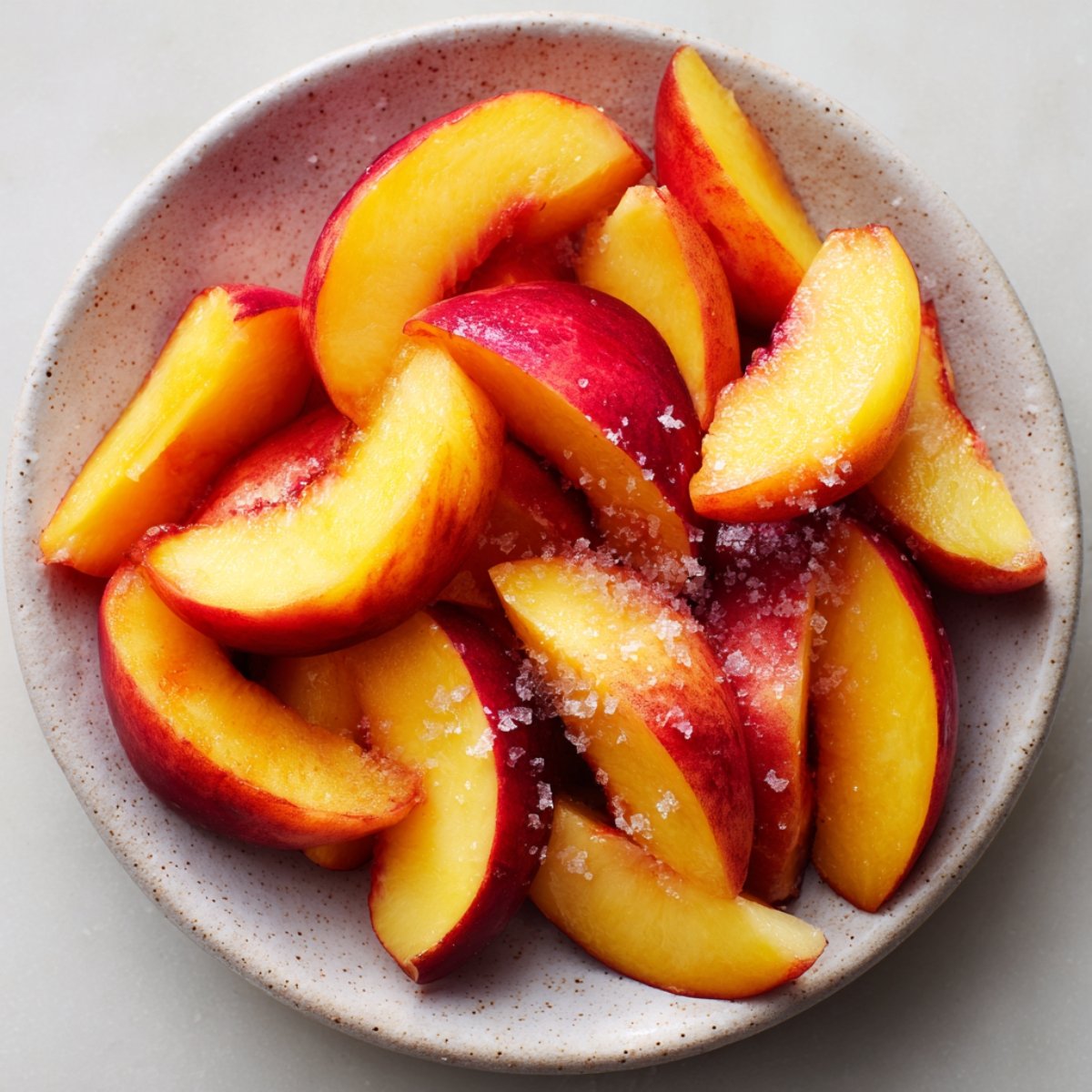 Fresh peach wedges in a ceramic bowl sprinkled with coarse sugar crystals, ready to be used as a topping.