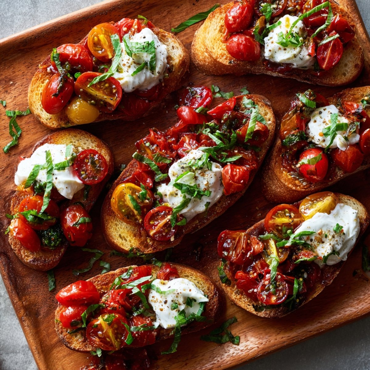 Toasted bread slices topped with cherry tomatoes, creamy burrata cheese, chopped basil, and olive oil on a wooden serving platter.
