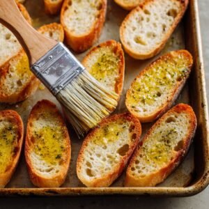 Toasted baguette slices on a baking tray being brushed with herbed olive oil using a pastry brush.