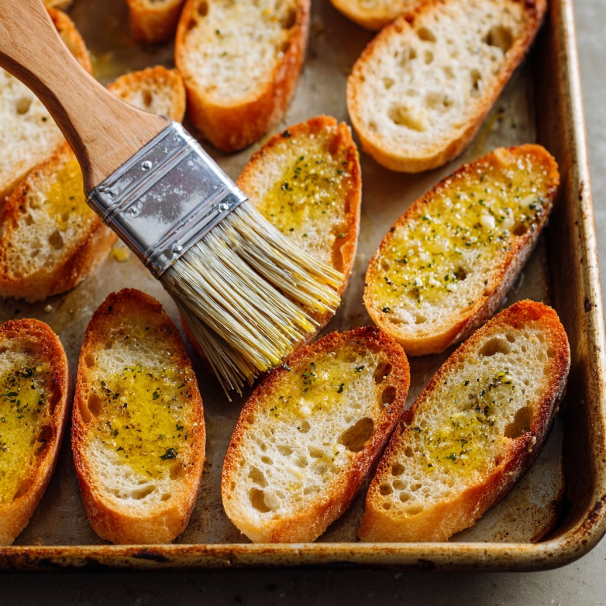 Toasted baguette slices on a baking tray being brushed with herbed olive oil using a pastry brush.