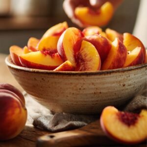A rustic ceramic bowl filled with freshly sliced peaches on a wooden table, with a hand placing a wedge inside