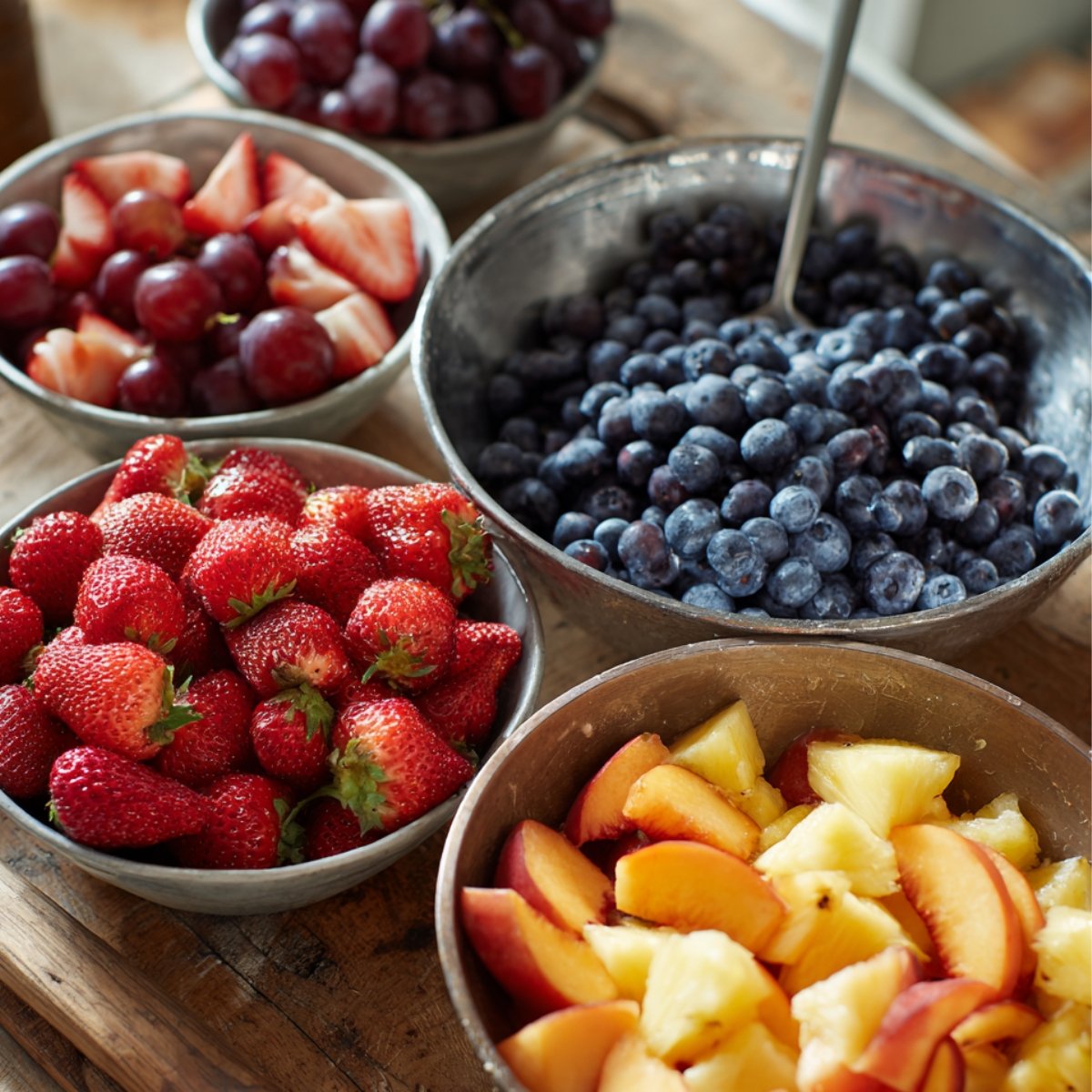 Bowls of fresh strawberries, blueberries, grapes, peaches, and pineapple arranged on a wooden kitchen counter.