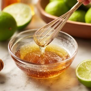 Honey being whisked with lime juice in a glass bowl surrounded by fresh limes and honey dipper on a marble countertop