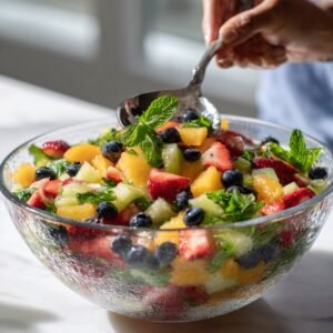 A colorful mixed fruit salad with peaches, strawberries, blueberries, and mint being tossed in a glass serving bowl.