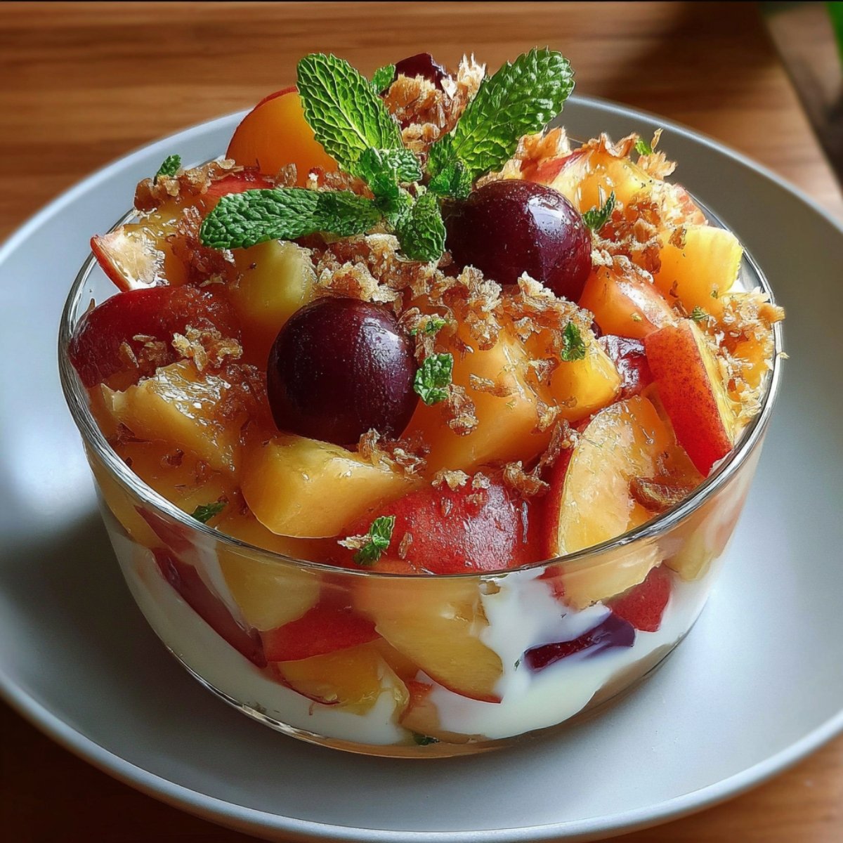 A vibrant peach fruit salad layered in a glass bowl with cherries, granola, and mint on top, served over yogurt or cream.
