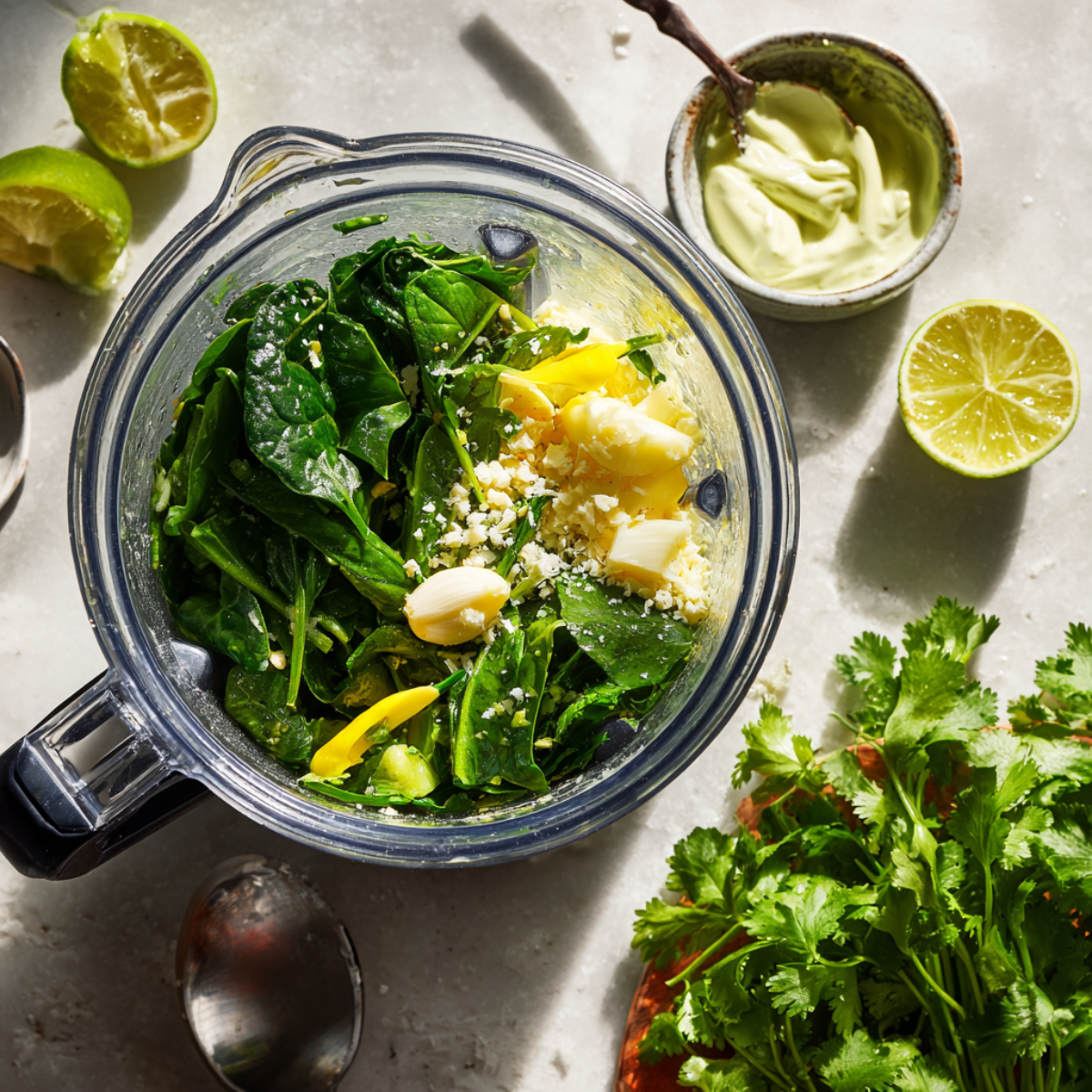 Blender filled with fresh cilantro, spinach, garlic, yellow chili, cheese, and lime, ready to be blended into Aji Verde sauce. Surrounding the blender are squeezed limes, mayo, and fresh herbs.