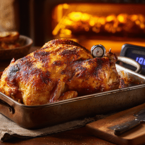 Whole roasted chicken in a metal roasting pan with a meat thermometer inserted. The background shows an open oven with a warm golden glow. A knife and cutting board are nearby.