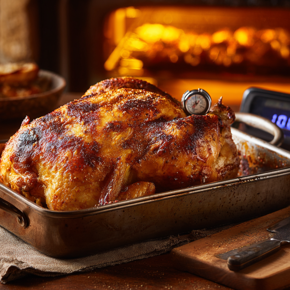 Whole roasted chicken in a metal roasting pan with a meat thermometer inserted. The background shows an open oven with a warm golden glow. A knife and cutting board are nearby.