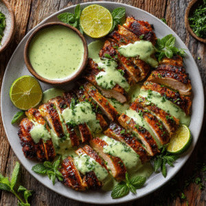 Sliced roasted chicken arranged on a platter, generously drizzled with green Aji Verde sauce. A small bowl of extra sauce and fresh lime halves garnish the plate, along with fresh mint and herbs.
